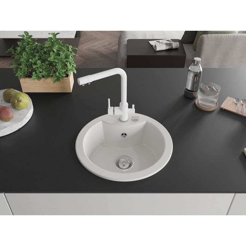 Mexen Diego single-bowl granite sink with Duero kitchen tap, white - 6512-20-671600-20