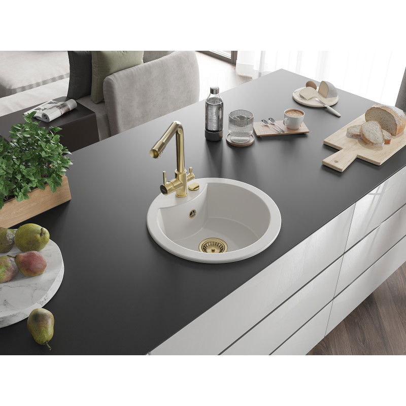 Mexen Diego 1-Bowl Granite Sink with Duero Kitchen Tap, White - 6512-20-671600-50