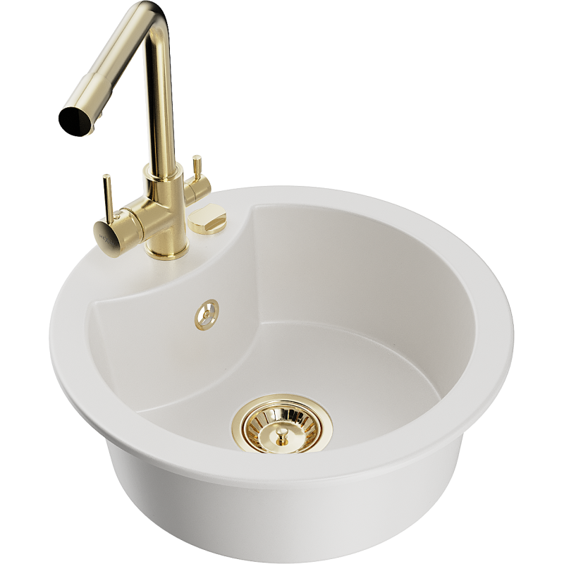 Mexen Diego 1-Bowl Granite Sink with Duero Kitchen Tap, White - 6512-20-671600-50