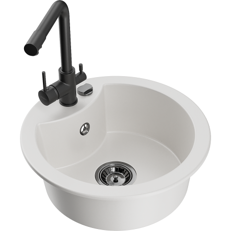 Mexen Diego Single-Bowl Granite Sink with Duero Kitchen Tap, White - 6512-20-671600-70