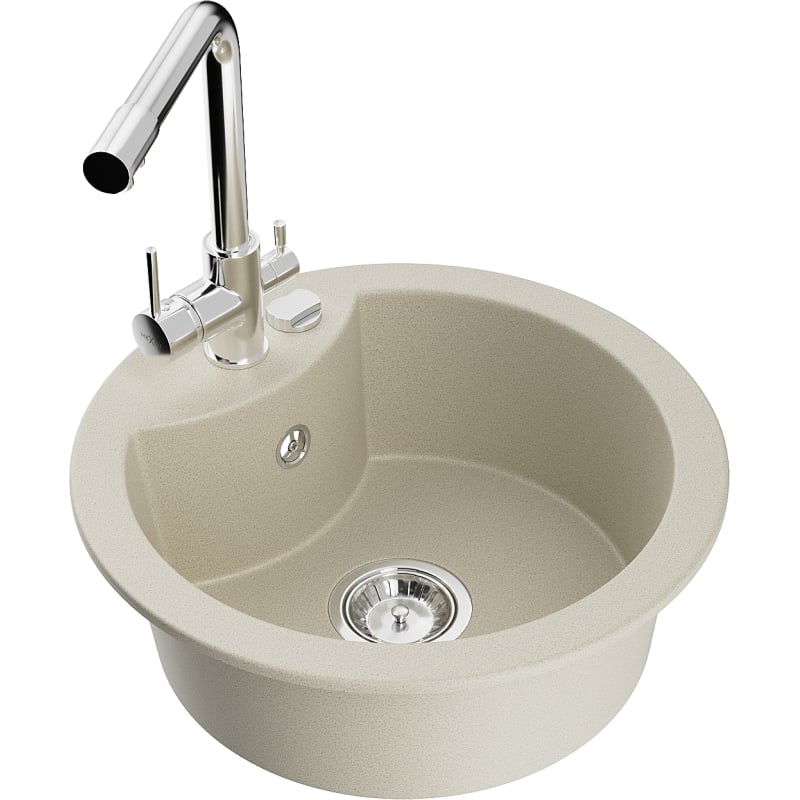 Mexen Diego granite single-bowl sink with Duero kitchen faucet, beige - 6512-69-671600-00