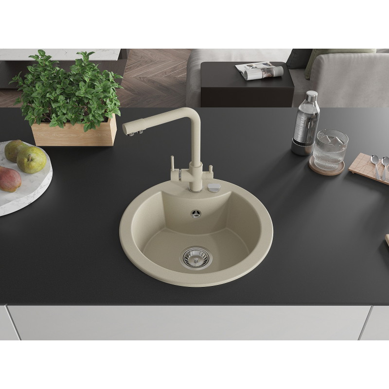 Mexen Diego granieten spoelbak met 1 bak met Duero keukenmengkraan, beige - 6512-69-671600-69