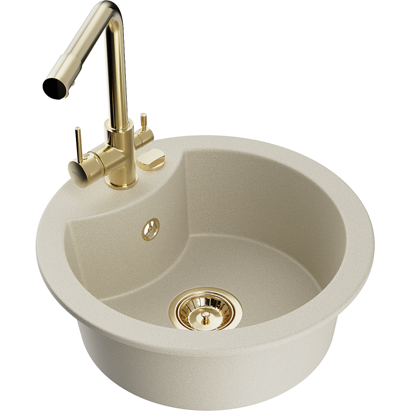 Mexen Diego 1-Bowl Granite Sink with Duero Kitchen Tap, Beige - 6512-69-671600-50
