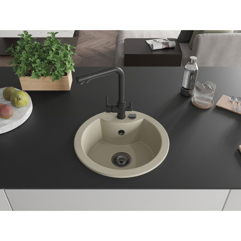 Mexen Diego 1-bowl granite kitchen sink with Duero tap, beige - 6512-69-671600-70