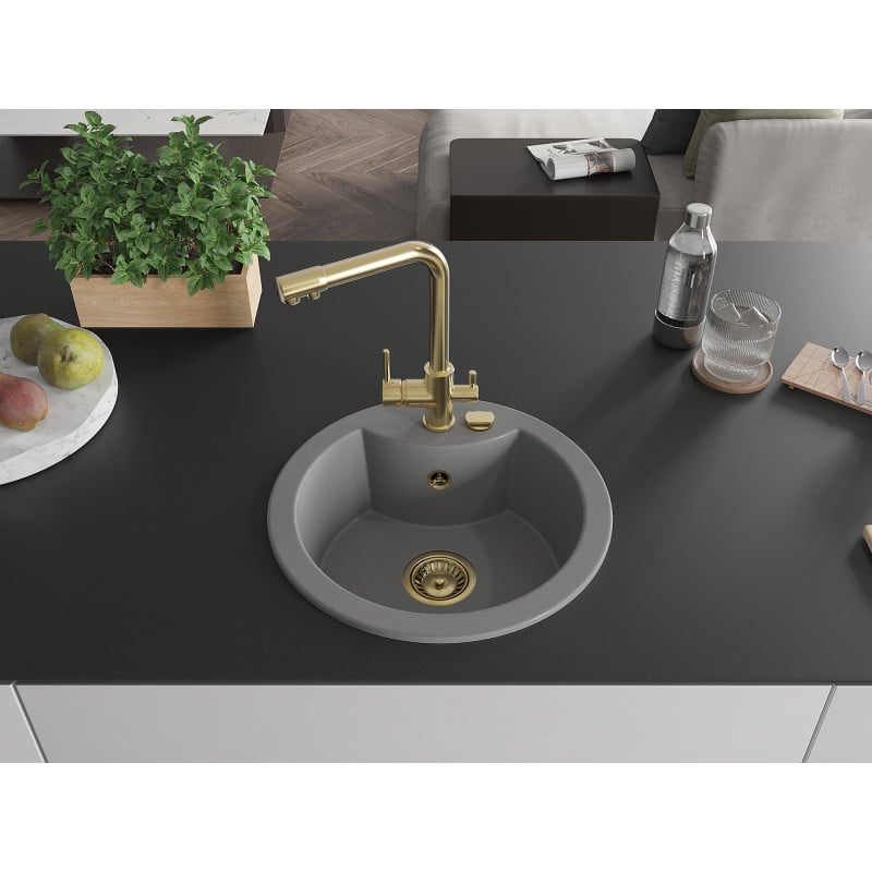 Mexen Diego granite sink 1-bowl with Duero kitchen tap, grey - 6512-71-671600-50