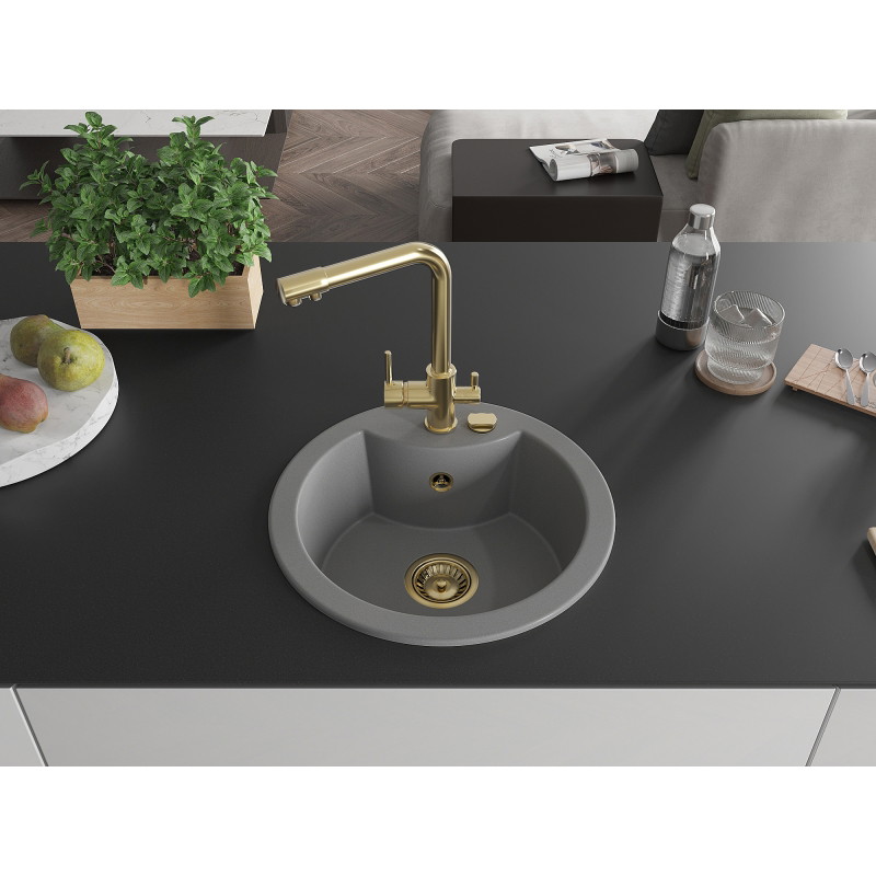 Mexen Diego Granitspüle 1-beckig mit Küchenarmatur Duero, grau - 6512-71-671600-50