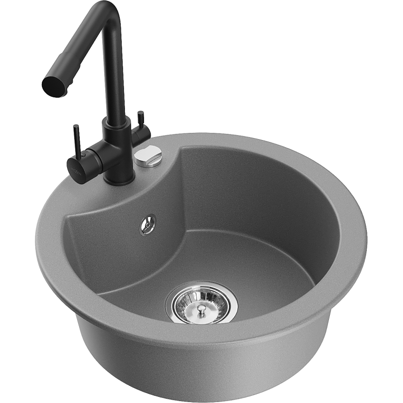 Mexen Diego 1-Bowl Granite Sink with Duero Kitchen Tap, Grey - 6512-71-671600-70