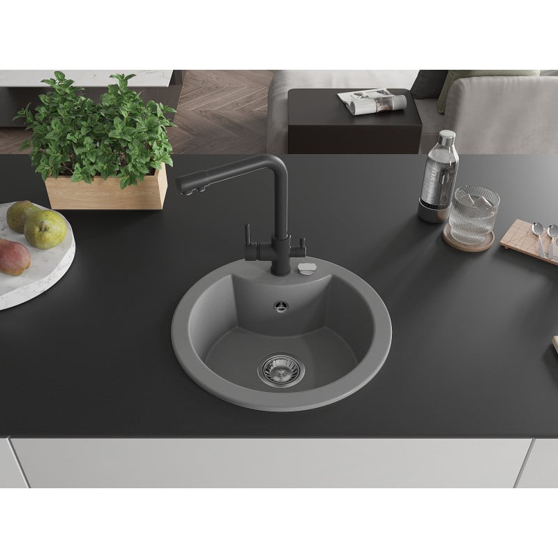 Mexen Diego 1-Bowl Granite Sink with Duero Kitchen Tap, Grey - 6512-71-671600-70