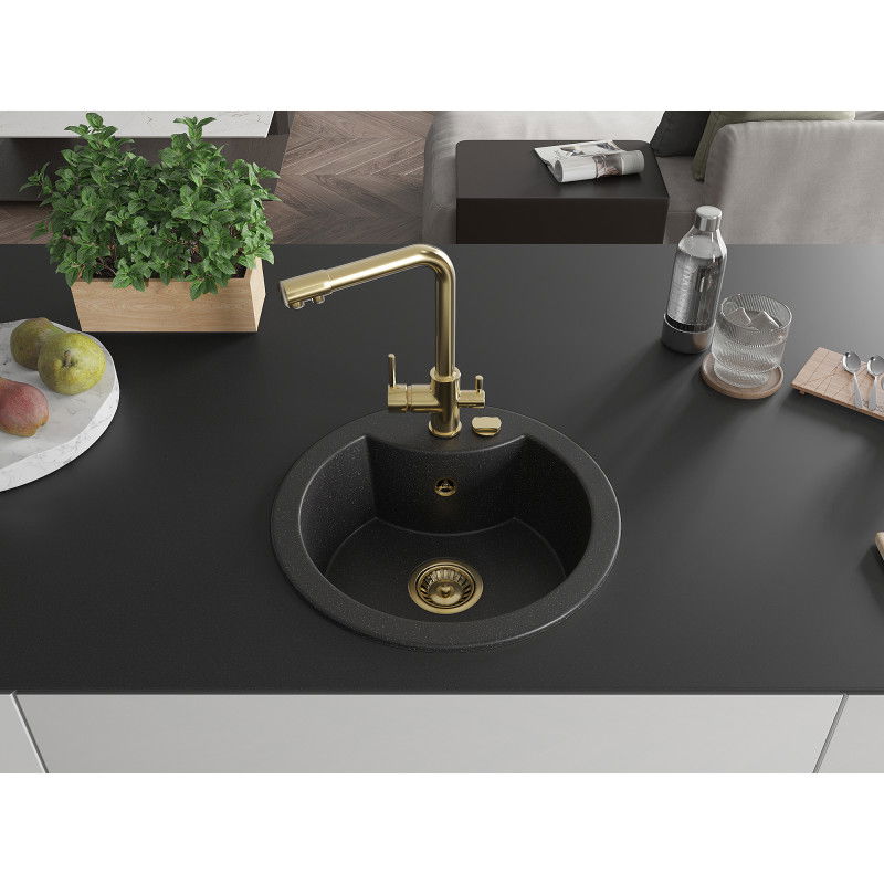 Mexen Diego granite sink with 1 bowl and Duero kitchen tap, black/silver metallic - 6512-73-671600-50