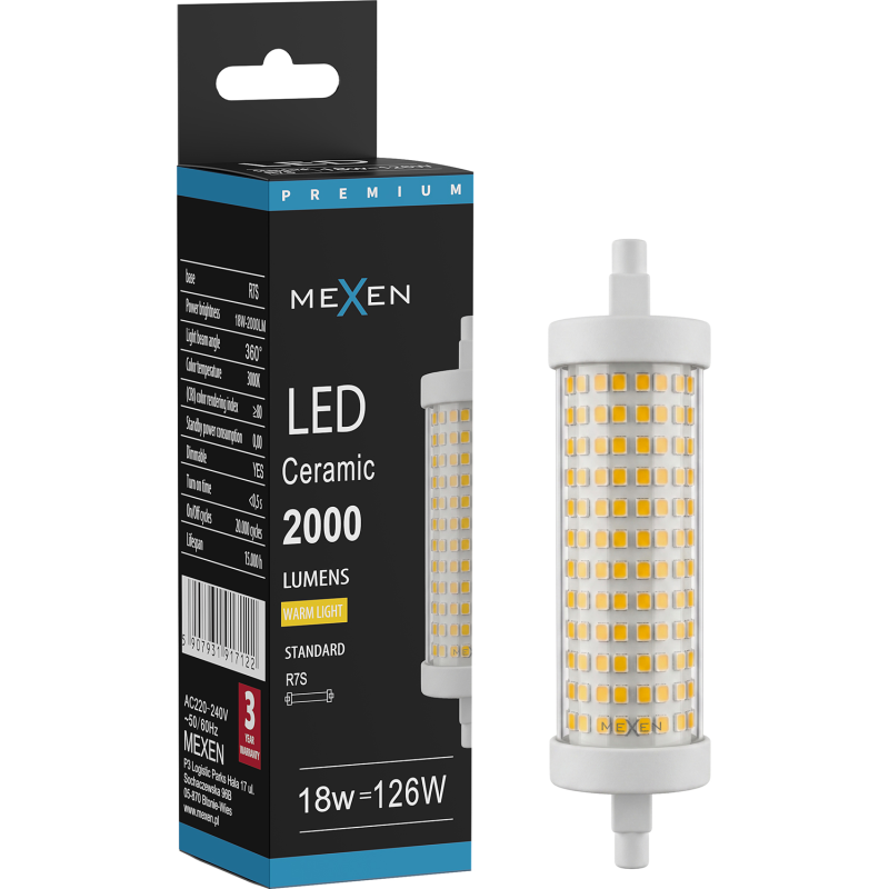 Mexen Vega Himmennettävä LED-lamppu R7S, 18W, Lämmin - 3000K, 2000 lm - L125-R7S-1830-02