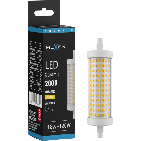 Mexen Vega Himmennettävä LED-lamppu R7S, 18W, Lämmin - 3000K, 2000 lm - L125-R7S-1830-02