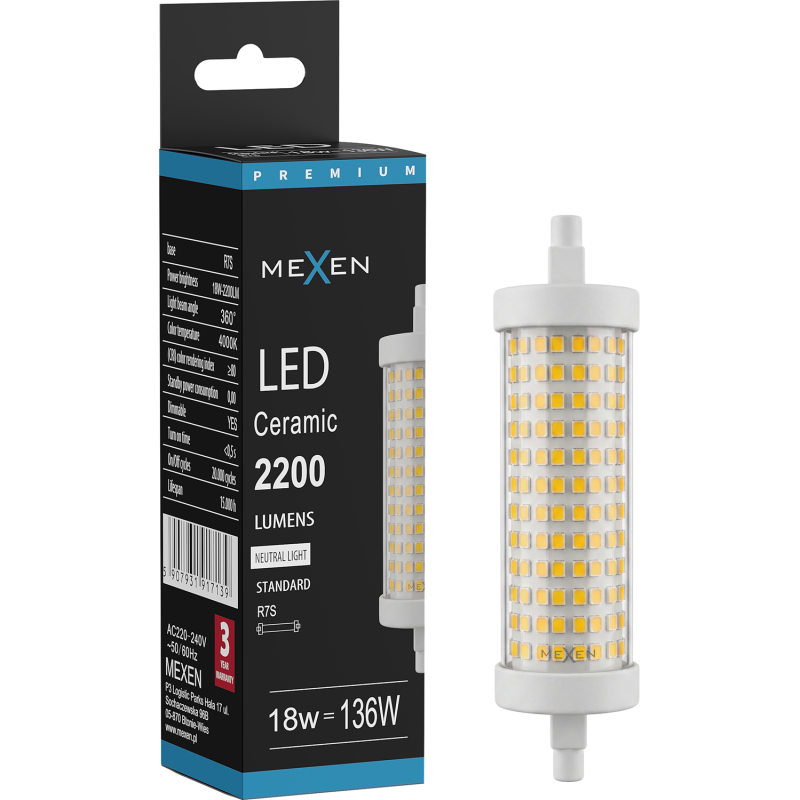 Mexen Vega Dimmable LED žarulja R7S, 18W, Neutralna - 4000K, 2200 lm - L125-R7S-1840-02