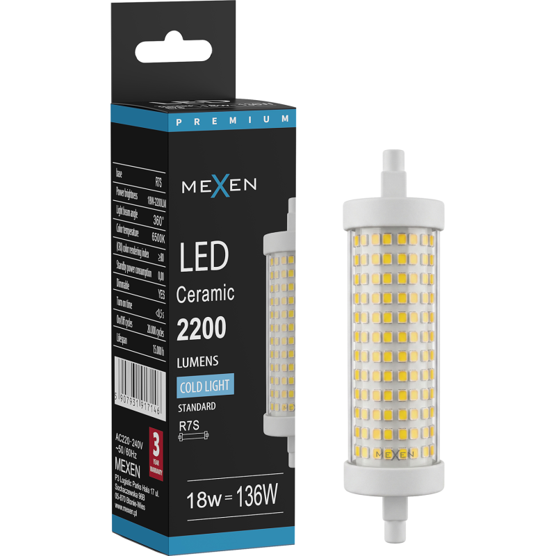 Mexen Vega Himmennettävä LED-lamppu R7S, 18W, Kylmä - 6500K, 2200 lm - L125-R7S-1865-02