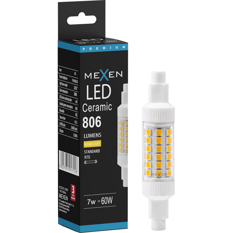 Mexen Vega LED-lamppu R7S, 7W, Lämmin - 3000K, 806 lm - L126-R7S-0730-01