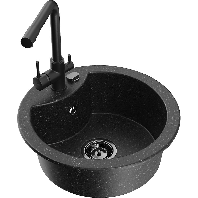 Mexen Diego lavello da cucina in granito a 1 vasca con miscelatore cucina Duero, nero/argento metallizzato - 6512-73-671600-70-B