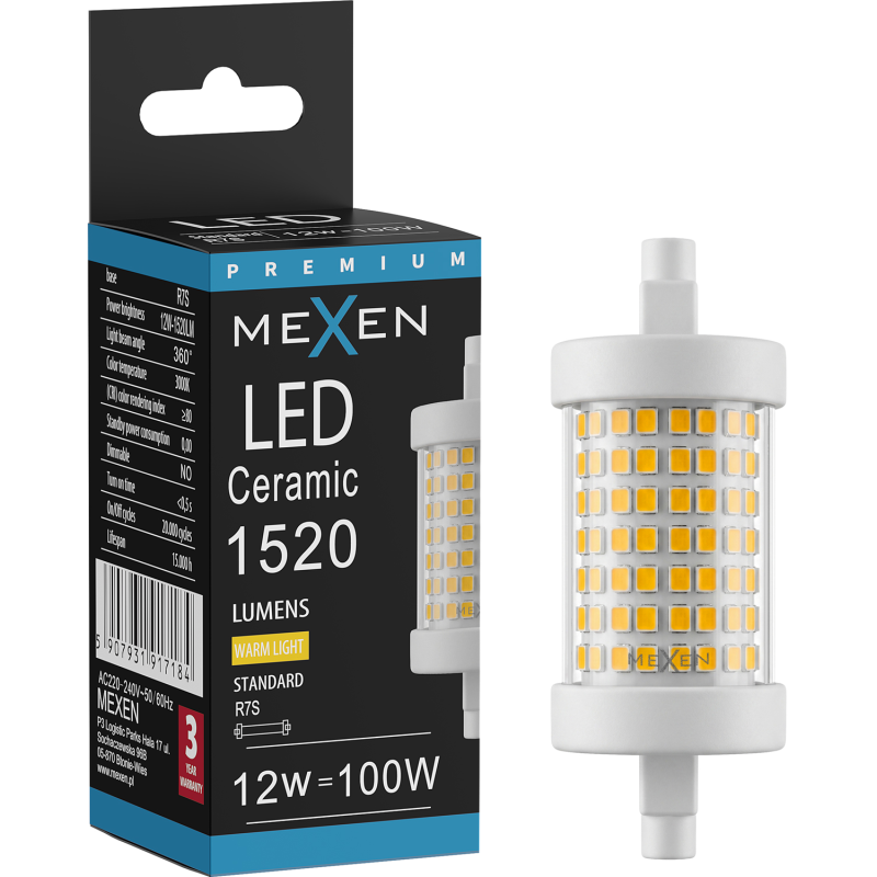 Mexen Vega LED-lamppu R7S, 12W, Lämmin - 3000K, 1520 lm - L126-R7S-1230-01