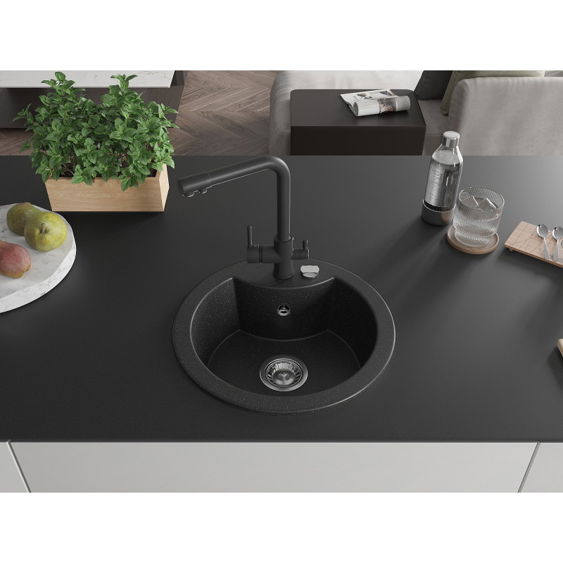 Mexen Diego granitspüle 1-becken mit küchenarmatur Duero, schwarz/silber metallic - 6512-73-671600-70