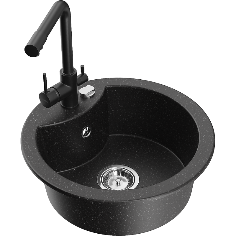 Mexen Diego lava-louça em granito de 1 cuba com torneira de cozinha Duero, preto/prateado metálico - 6512-73-671600-70