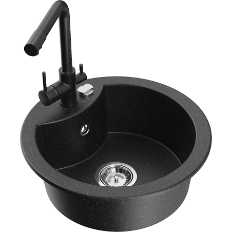 Mexen Diego 1-Bowl Granite Sink with Duero Kitchen Tap, Black/Silver Metallic - 6512-73-671600-70