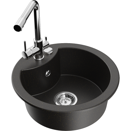 Mexen Diego évier en granit à 1 bac avec mitigeur de cuisine Duero, noir/or métallisé - 6512-75-671600-00