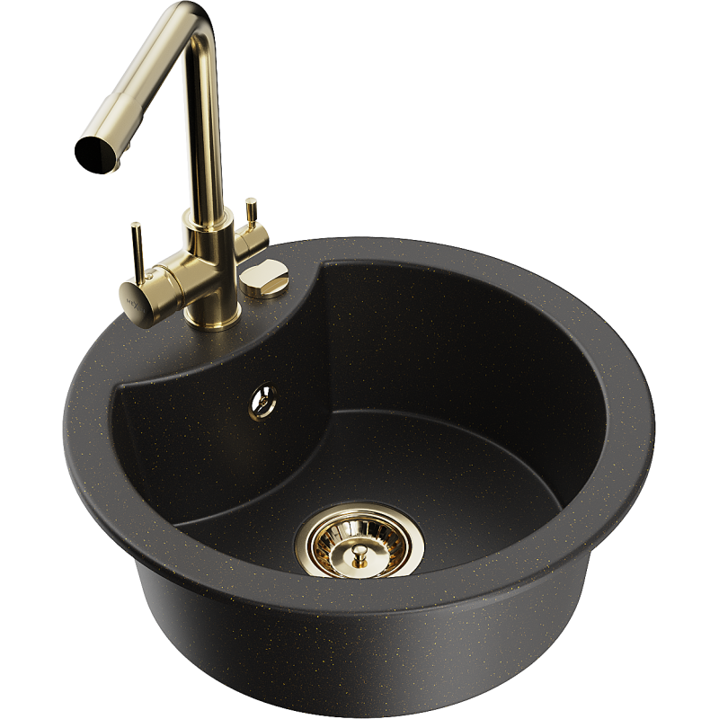 Mexen Diego 1-bowl granite sink with Duero kitchen mixer tap, black/gold metallic - 6512-75-671600-50