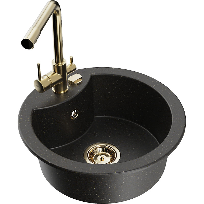 Mexen Diego fregadero de granito de 1 compartimento con grifo de cocina Duero, negro/dorado metálico - 6512-75-671600-50