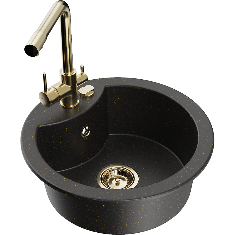 Mexen Diego fregadero de granito de 1 seno con grifo de cocina Duero, negro/dorado metálico - 6512-75-671600-50