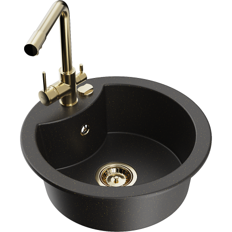 Mexen Diego granitische spoelbak met 1 compartiment en Duero keukenmengkraan, zwart/goud metallic - 6512-75-671600-50
