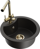 Mexen Diego 1-bowl granite sink with Duero kitchen mixer tap, black/gold metallic - 6512-75-671600-50