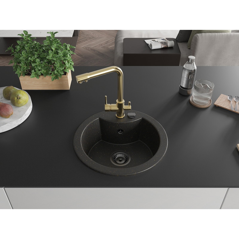 Mexen Diego zlewozmywak granitowy 1-komorowy z baterią kuchenną Duero, czarny/złoty metalik - 6512-75-671600-50-B