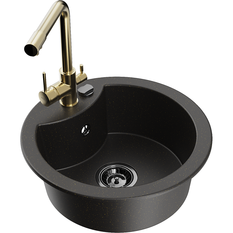 Mexen Diego fregadero de granito de 1 cubeta con grifo de cocina Duero, negro/oro metálico - 6512-75-671600-50-B