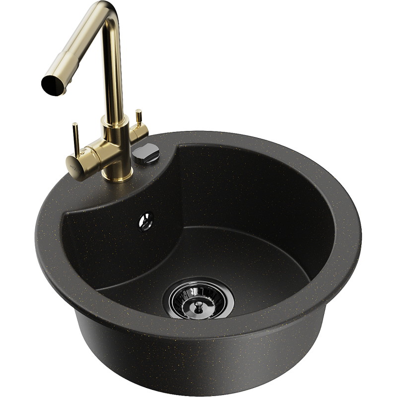 Mexen Diego fregadero de granito de un seno con grifo de cocina Duero, negro/dorado metálico - 6512-75-671600-50-B