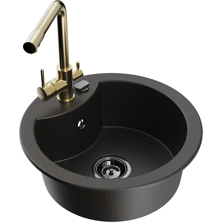Mexen Diego single-bowl granite kitchen sink with Duero kitchen tap, black/golden metallic - 6512-75-671600-50-B