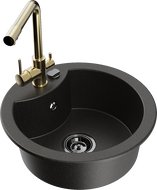 Mexen Diego single-bowl granite kitchen sink with Duero kitchen tap, black/golden metallic - 6512-75-671600-50-B
