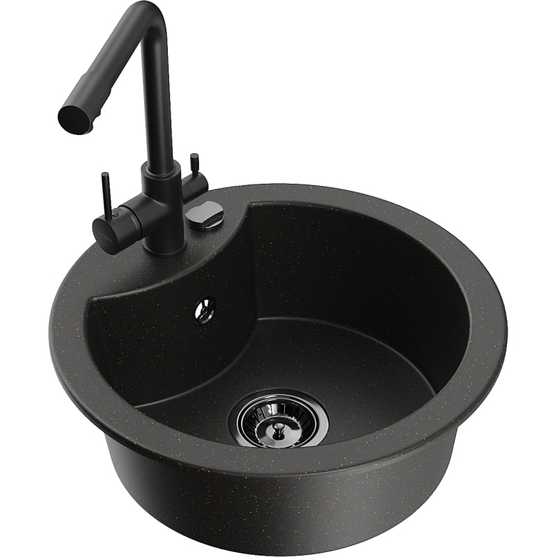 Mexen Diego 1-bowl granite kitchen sink with Duero kitchen faucet, black/gold metallic - 6512-75-671600-70-B