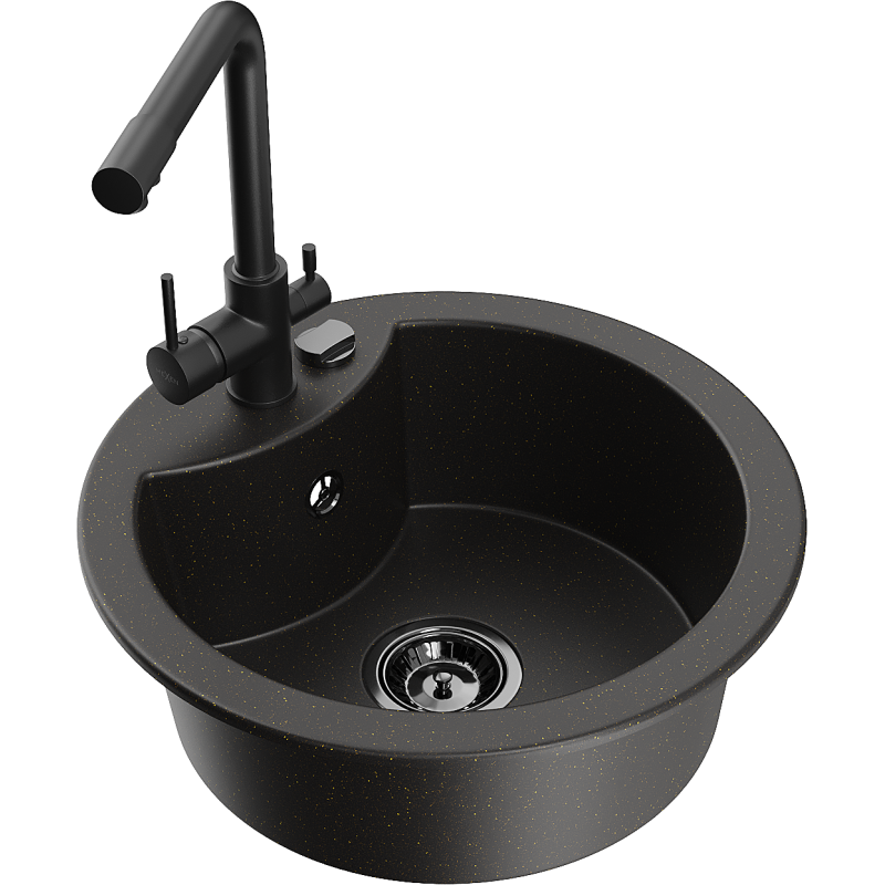 Mexen Diego granitdiskbänk med 1 kammare och köksblandare Duero, svart/guld metallic - 6512-75-671600-70-B