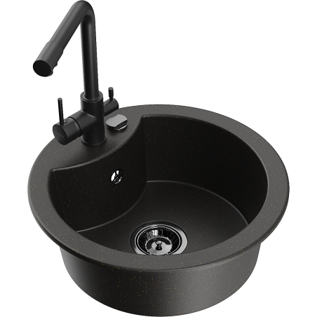 Mexen Diego 1-bowl granite kitchen sink with Duero kitchen faucet, black/gold metallic - 6512-75-671600-70-B
