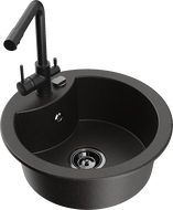 Mexen Diego 1-Bowl Granite Sink with Duero Kitchen Tap, Black/Gold Metallic - 6512-75-671600-70-B