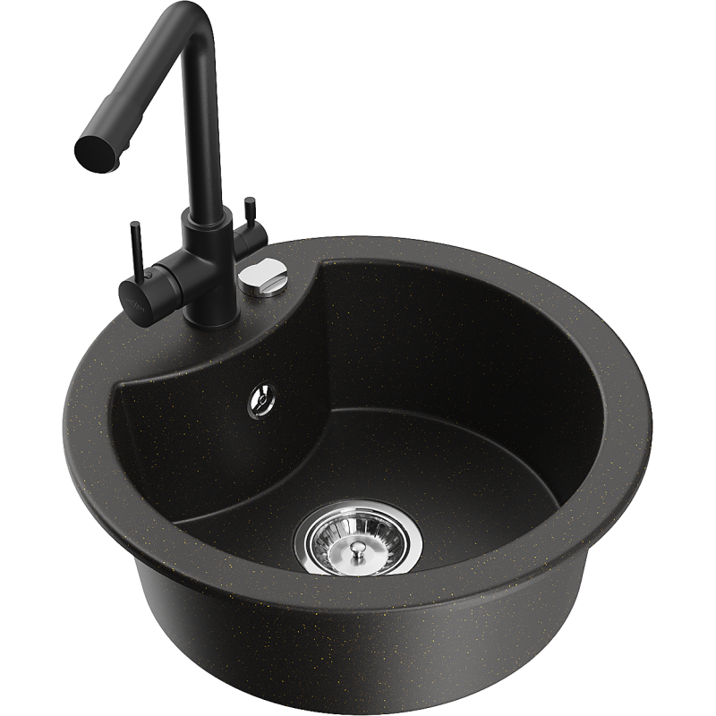 Mexen Diego fregadero de granito de 1 cubeta con grifo de cocina Duero, negro/dorado metálico - 6512-75-671600-70
