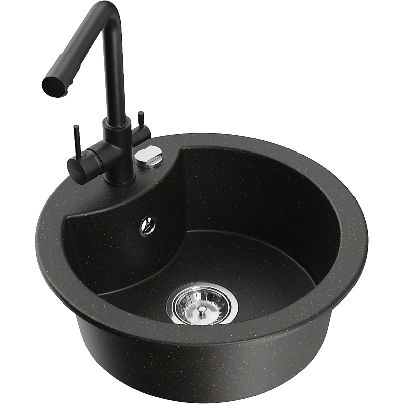 Mexen Diego yksi-kammioinen graniittiallas ja keittiöhana Duero, musta/kultainen metallihohto - 6512-75-671600-70