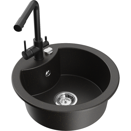 Mexen Diego fregadero de granito de 1 cubeta con grifo de cocina Duero, negro/dorado metálico - 6512-75-671600-70