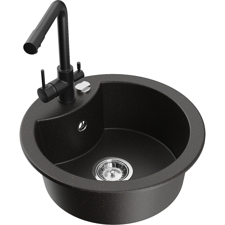 Mexen Diego granite kitchen sink single bowl with Duero kitchen tap, black/gold metallic - 6512-75-671600-70