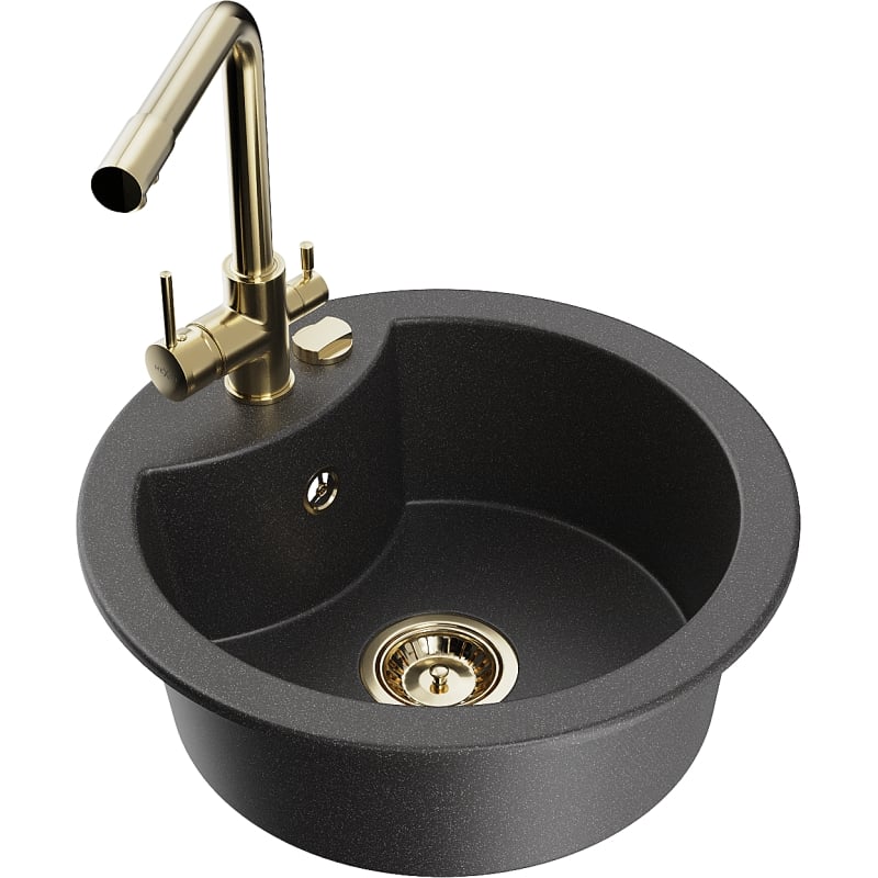 Mexen Diego 1-bowl granite sink with Duero kitchen faucet, speckled black - 6512-76-671600-50