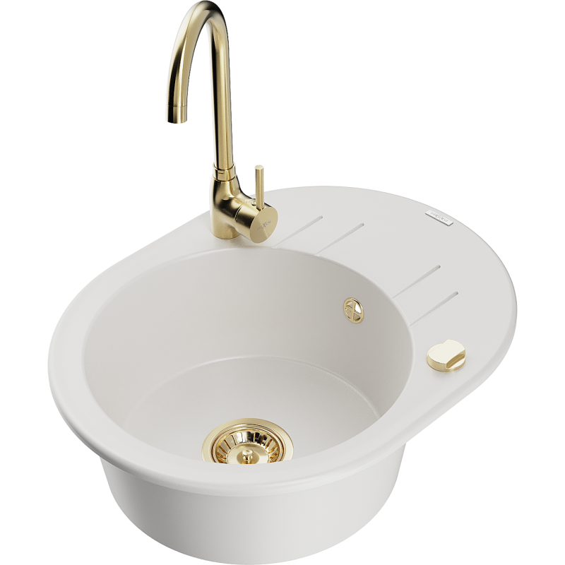 Mexen Kevin évier en granit 1 bac avec égouttoir et robinet de cuisine Telma, blanc - 6517-20-670200-50