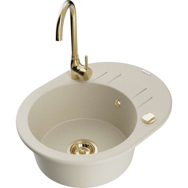 Mexen Kevin granieten spoelbak 1-komorig met afdruiprek en keukenmengkraan Telma, beige - 6517-69-670200-50