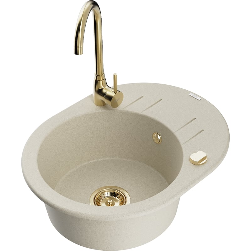 Mexen Kevin granite sink 1-bowl with drainer and Telma kitchen faucet, beige - 6517-69-670200-50