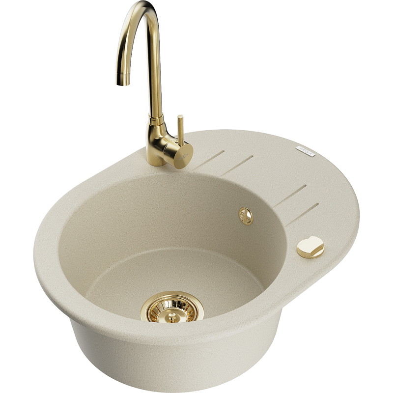 Mexen Kevin Granitspüle 1-beckig mit Abtropffläche und Küchenarmatur Telma, beige - 6517-69-670200-50