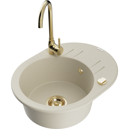 Mexen Kevin granieten spoelbak 1-komorig met afdruiprek en keukenmengkraan Telma, beige - 6517-69-670200-50