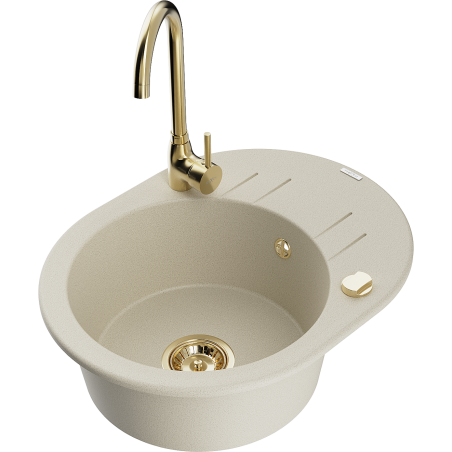 Mexen Kevin granite sink 1-bowl with drainer and Telma kitchen faucet, beige - 6517-69-670200-50