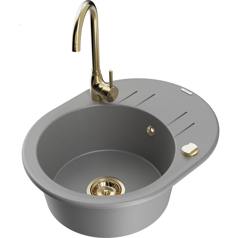 Mexen Kevin lava-loiça de granito 1-cuba com escorredor e torneira de cozinha Telma, cinza - 6517-71-670200-50